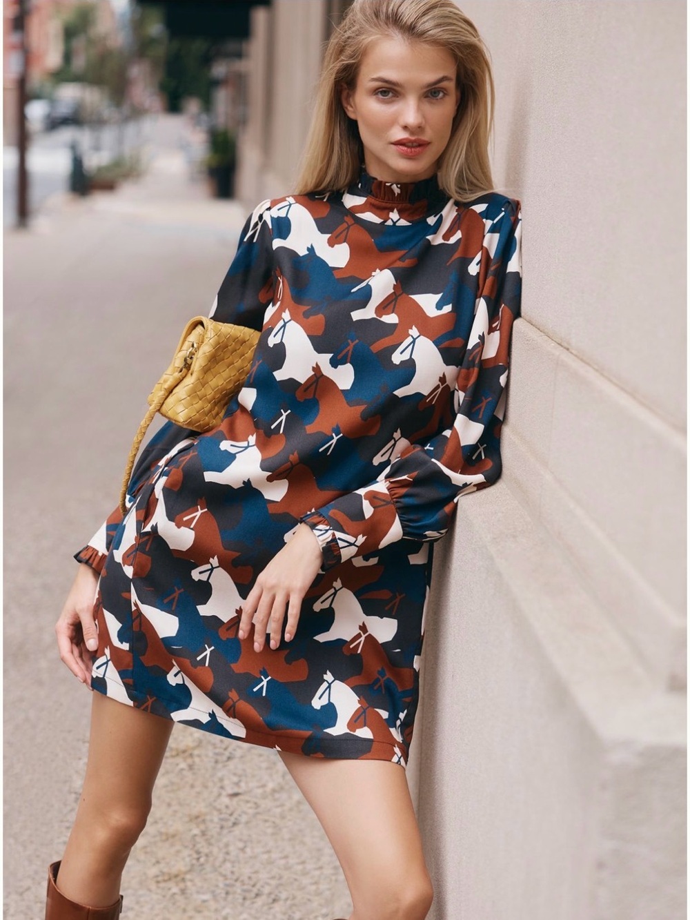 NWT COREY LYNN CALTER Rebecca Long Sleeved Horse Print Mini Dress Med $258
